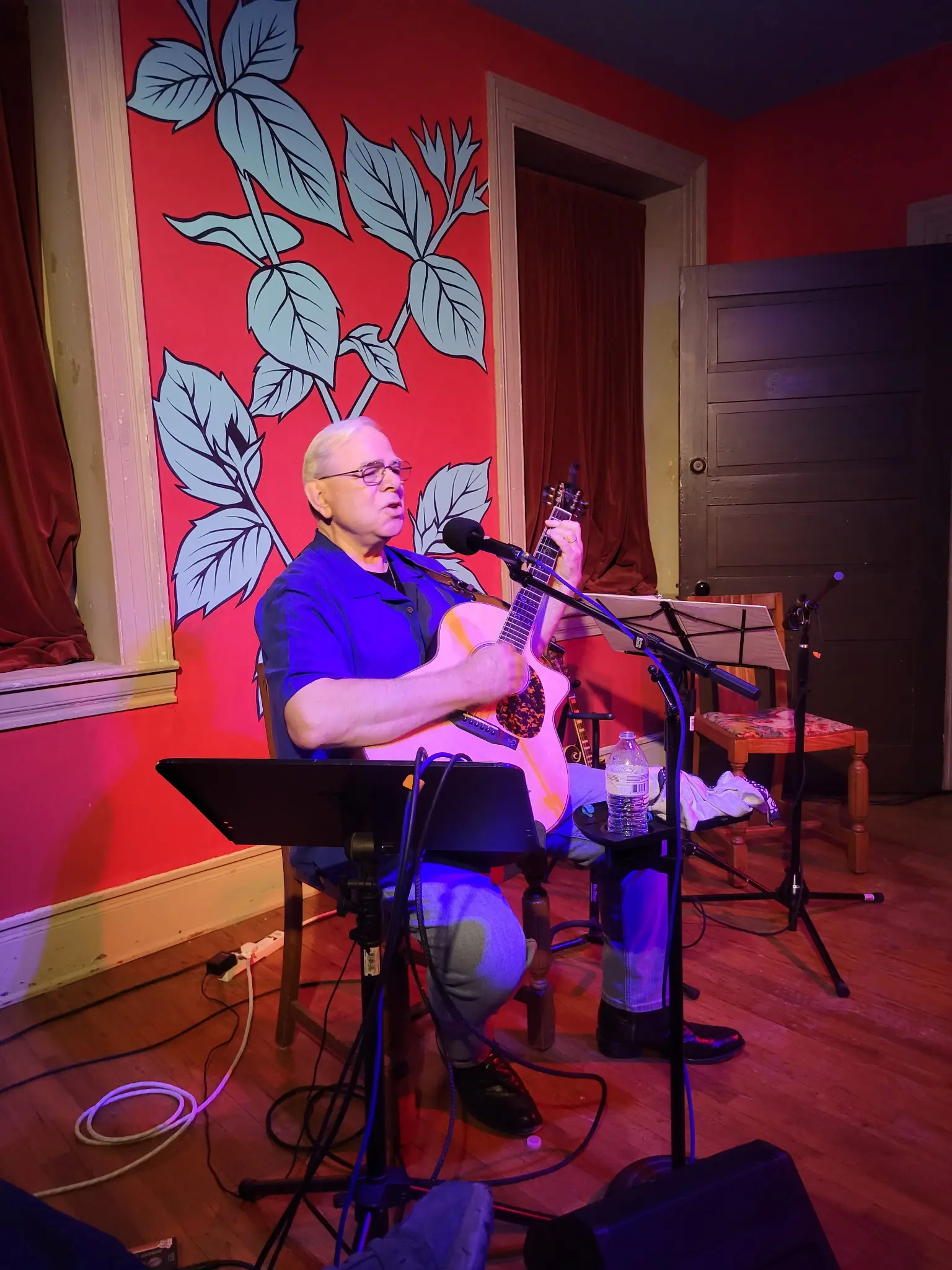 Dave Miller performing at intimate venue with red floral wallpaper